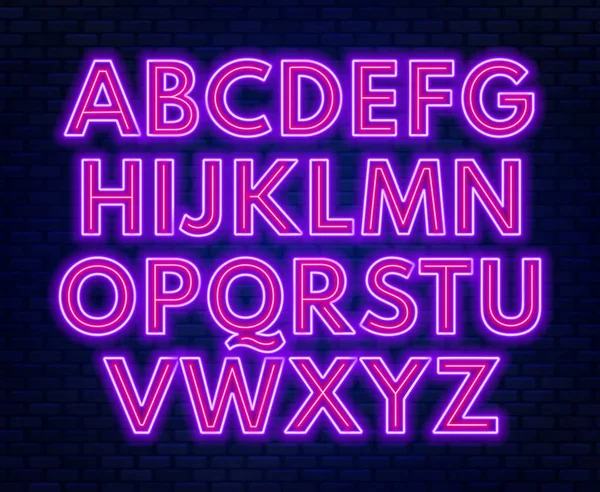 Paars roze neon alfabet op een donkere achtergrond. Hoofdletter. — Stockvector