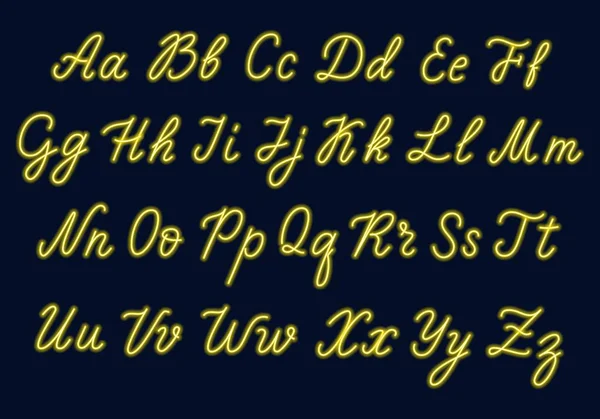 Gele Neon Script Hoofdletters Kleine Letters Vectorillustratie — Stockvector