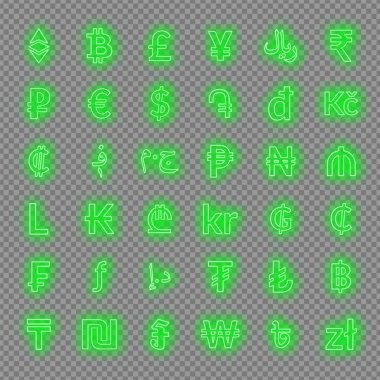 Neon para birimi işaretler. dolar, euro, sterlin, yen, yuan, bitcoin, etherium, Rublesi ve diğerleri.