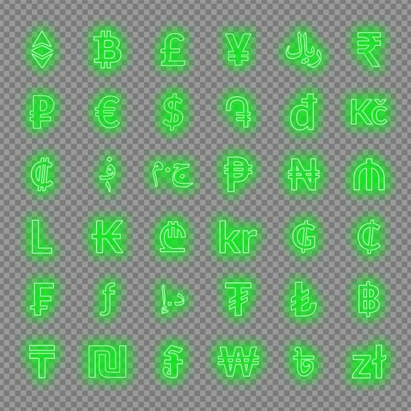Neon para birimi işaretler. dolar, euro, sterlin, yen, yuan, bitcoin, etherium, Rublesi ve diğerleri.