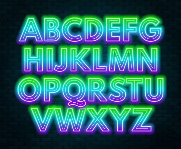 暗い背景に緑紫グラデーション ネオンのアルファベット 大文字 ベクトル図 — ストックベクタ