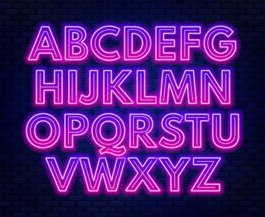 Karanlık bir arka plan üzerinde pembe mor degrade neon alfabe. Büyük harf. Vektör çizim.
