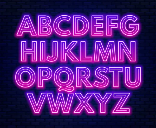 Karanlık bir arka plan üzerinde pembe mor degrade neon alfabe. Büyük harf. Vektör çizim.