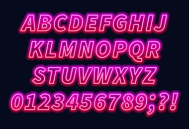 Karanlık bir arka plan üzerinde pembe kırmızı degrade neon alfabe. Büyük harf. Vektör çizim.