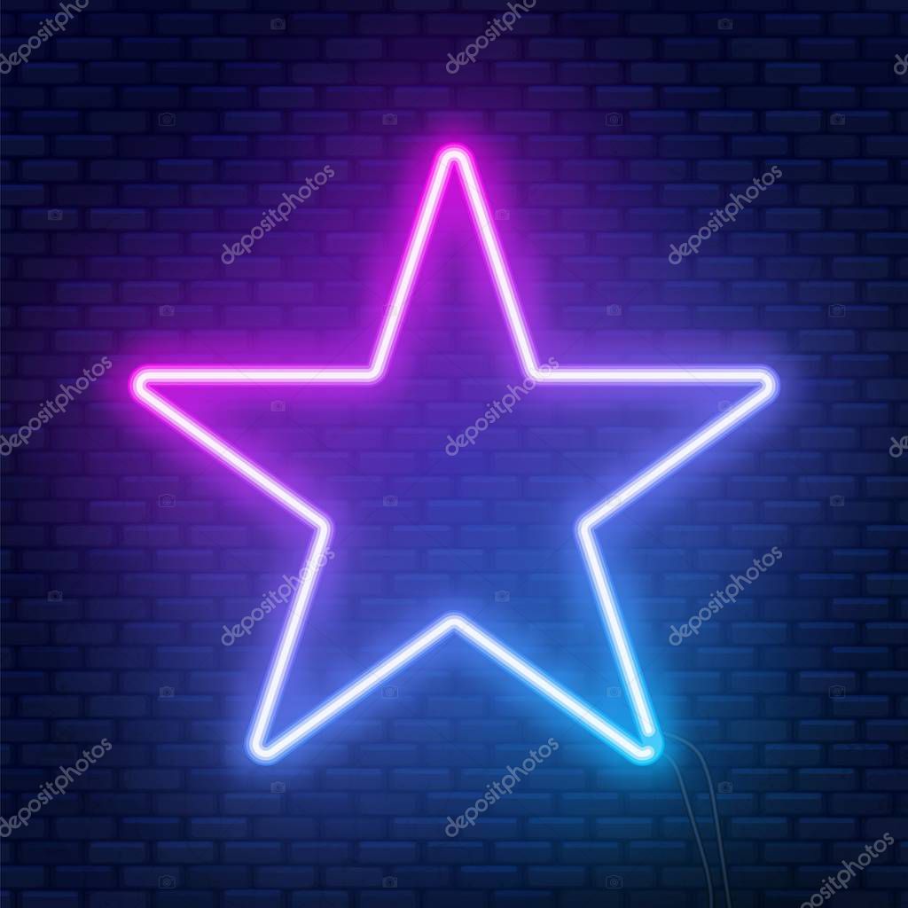Neon glowing star sign. Can be used as a text frame. Vector illustration.