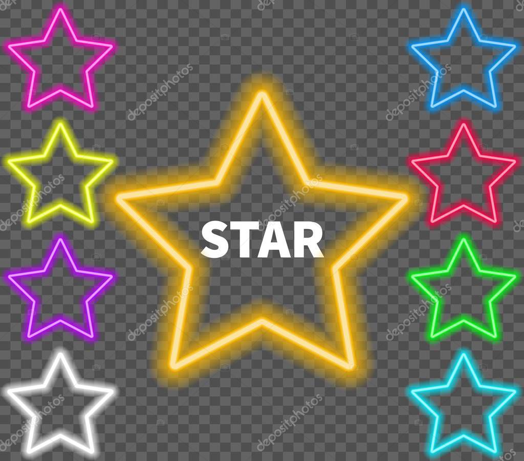 Glowing colorful neon signs of stars on a transparent background. Vector illustration.