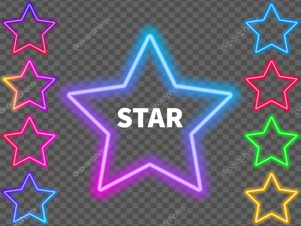 Glowing colorful neon signs of stars on a transparent background. Vector illustration.