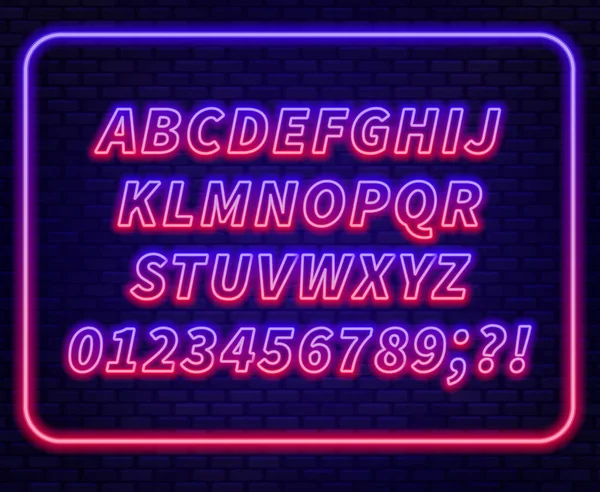 Blauw rood kleurverloop neon alfabet op een donkere achtergrond. Helder lettertype voor decoratie. Hoofdletter. — Stockvector