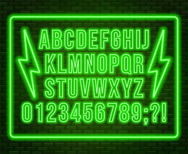 Neongrüne Schrift. helle Großbuchstaben mit Zahlen auf dunklem Hintergrund. — Stockvektor