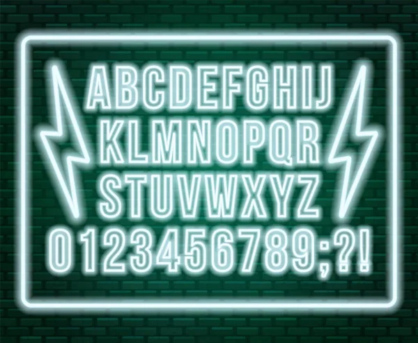 Neonweiße Schrift. helle Großbuchstaben mit Zahlen auf dunklem Hintergrund. — Stockvektor