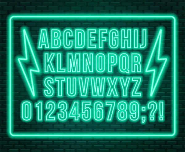 Fuente Neon blue. Letras mayúsculas brillantes con números sobre un fondo oscuro . — Vector de stock