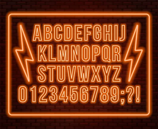 ネオン オレンジ フォントです 明るい暗い背景上の数字と大文字 ベクトル図 — ストックベクタ