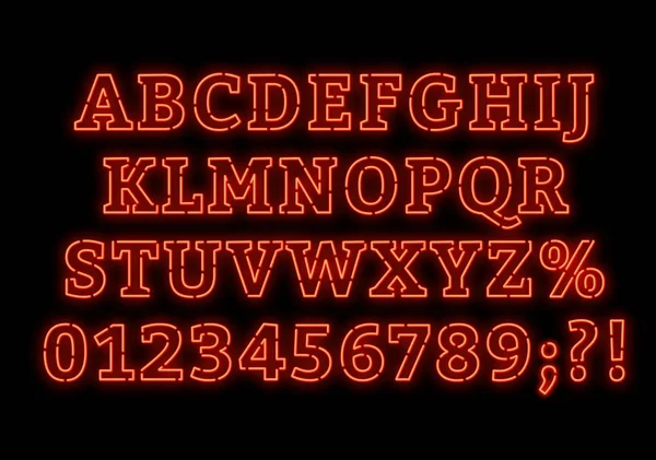 Alfabeto de neón. Letras mayúsculas brillantes con números sobre un fondo oscuro . — Vector de stock