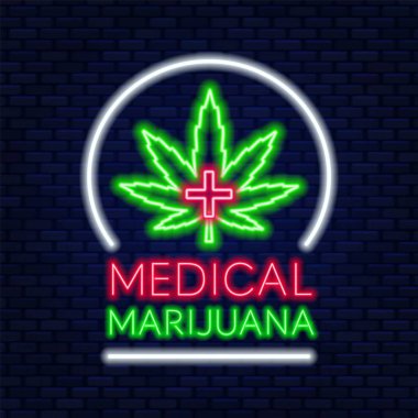 Tıbbi esrar neon tabela. Yasal esrar tedavisi için. Karanlık bir arka plan üzerinde vektör çizim.