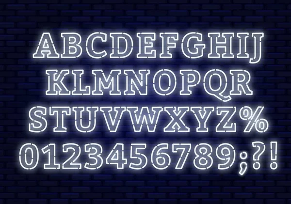 LED witte font. Heldere hoofdletters met nummers op een donkere achtergrond. — Stockvector