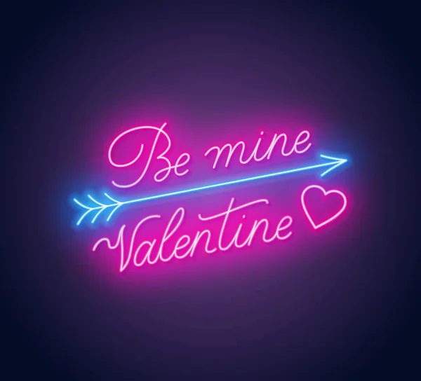 Be mine valentine neon schriftzug dunkler hintergrund. — Stockvektor