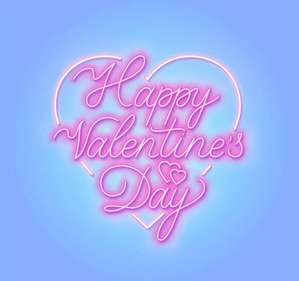 Feliz Día San Valentín Letras Neón Sobre Fondo Azul Tarjeta — Vector de stock