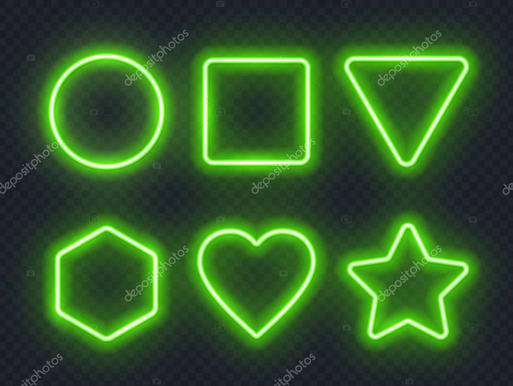 Set of green neon frames. Circle, rectangle, triangle, hexagon, heart and star glowing signs