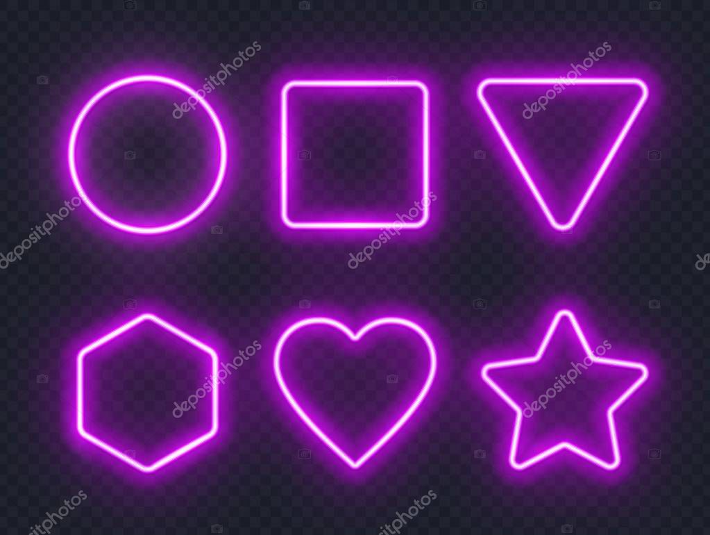 Set of pink neon frames. Circle, rectangle, triangle, hexagon, heart and star glowing signs