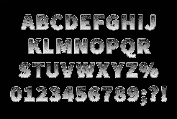 Vintage gestippelde sans serif-lettertype op zwarte achtergrond. Hoofdletters met getallen. — Stockvector