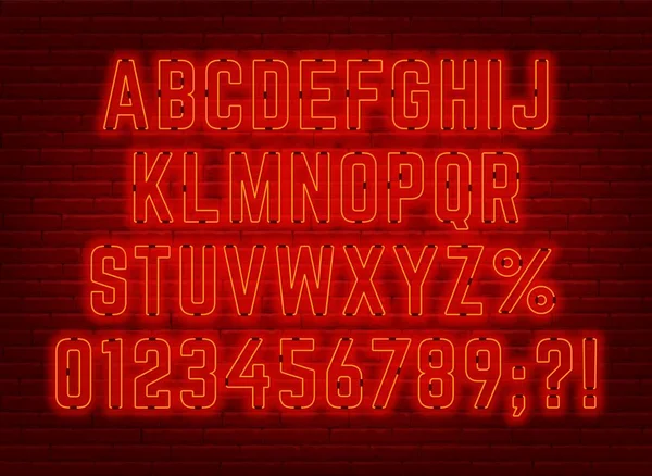 Polices néon rouge vif avec chiffres et signes de ponctuation . — Image vectorielle