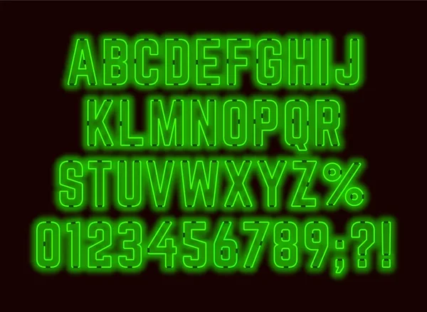 Neon retro groene lettertype met cijfers en leestekens. — Stockvector