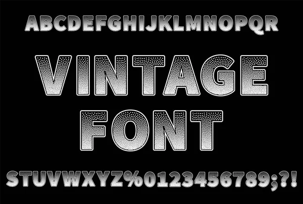 Vintage kropkowane sans serif czcionki na czarnym tle. Wielkie litery z numerami. — Wektor stockowy