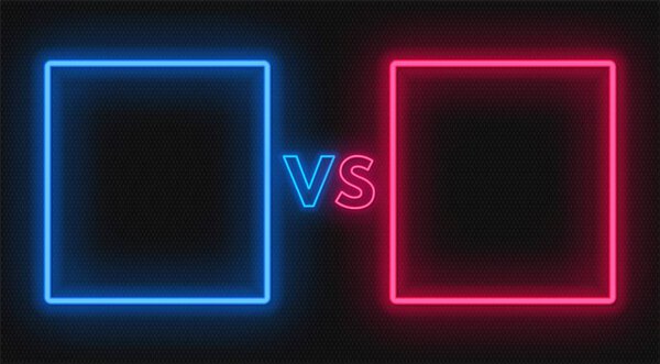 Versus screen with neon frames and vs sign on the dark background. Confrontation design.