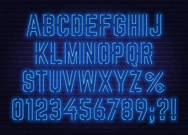 Fuente azul neón con números y signos de puntuación . — Vector de stock