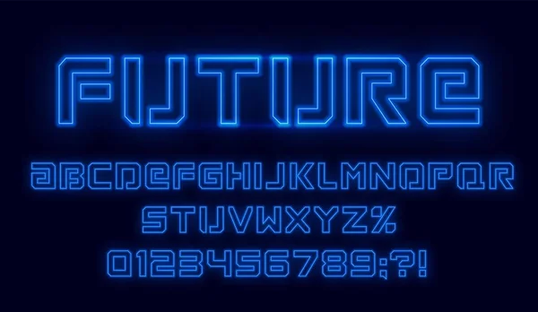 Futuristic neon font. Blue alphabet with numbers on dark background. — Stock Vector