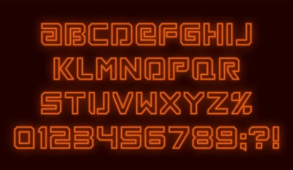 Futuristische Leuchtschrift. Orangefarbenes Alphabet mit Zahlen auf dunklem Hintergrund. — Stockvektor