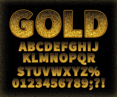 Siyah bir arka planda Vintage Altın Sans Serif yazı. Sayılar ile büyük harfler. Illüstrasyon.