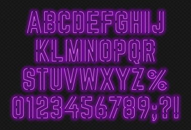 Sayılar ve noktalama işaretleri ile neon mor yazı tipi.