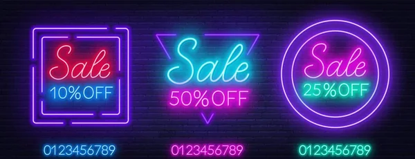 Neon signes de vente sur fond de mur de brique . — Image vectorielle