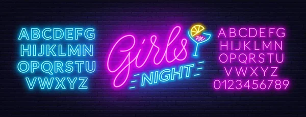 Meninas noite neon lettering no fundo da parede de tijolo . —  Vetores de Stock