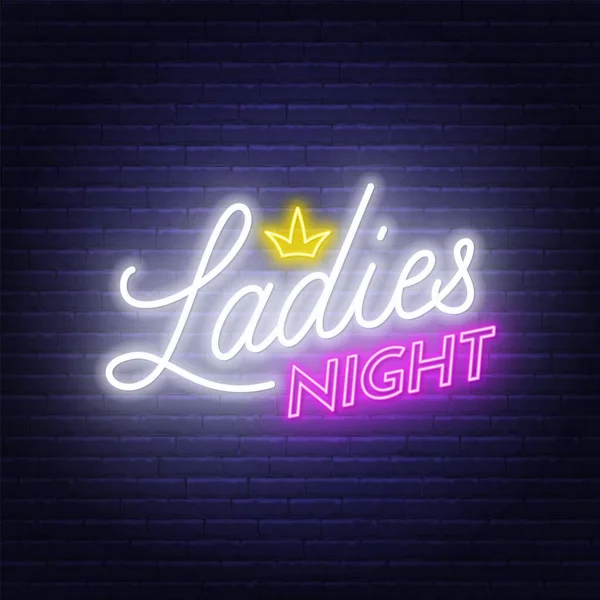 Ladies Night neon lettering on brick wall background. — Stock Vector