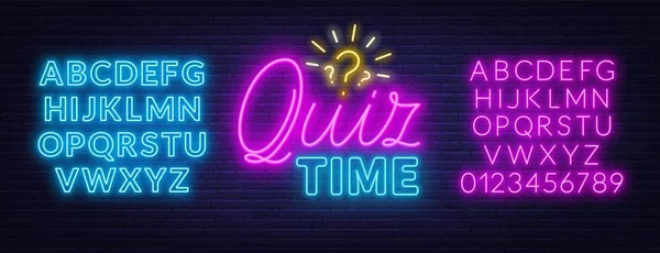 Neon Lettering Quiz su uno sfondo muro di mattoni. Caratteri neon . — Vettoriale Stock