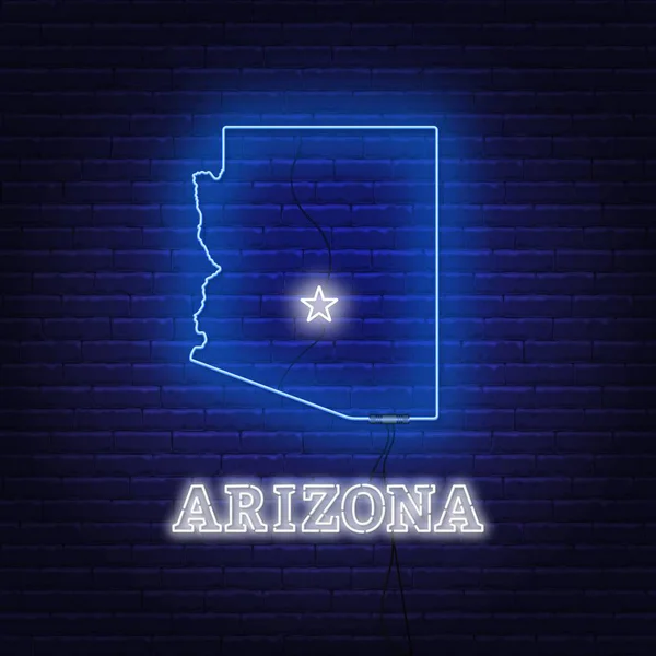 Neon Mapa State of Arizona na tle muru ceglanego. — Wektor stockowy