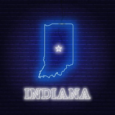 Bir tuğla duvar arka planda Indiana Neon harita devlet.