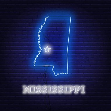 Bir tuğla duvar arka planda Mississippi Neon harita devlet.