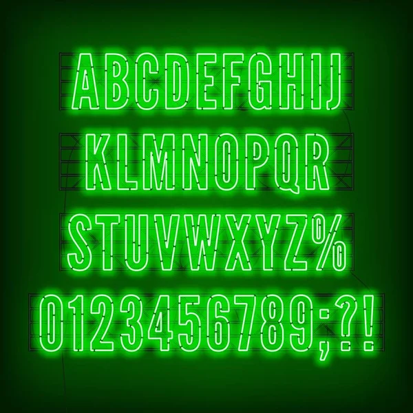暗い背景に数字とレトロな緑のネオンのアルファベット. — ストックベクタ