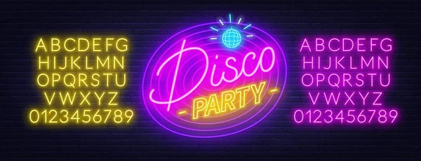 Neon lettering Disco party on brick wall background. Glowing fonts. — Stock Vector