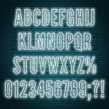 Tuğla duvar arka plan üzerinde numaraları ile Retro beyaz neon alfabe.