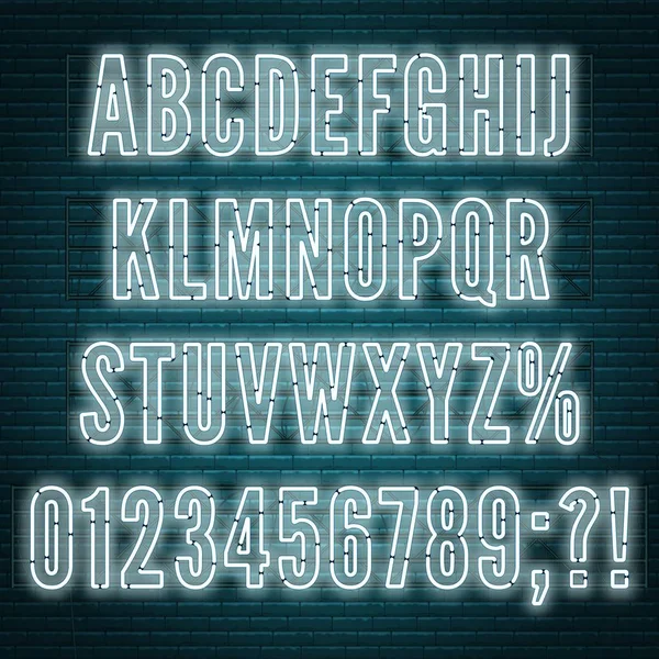 Retro-weißes Neon-Alphabet mit Zahlen auf Backstein-Hintergrund. — Stockvektor