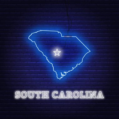 Neon harita Güney Carolina Devlet bir tuğla duvar arka plan üzerinde.