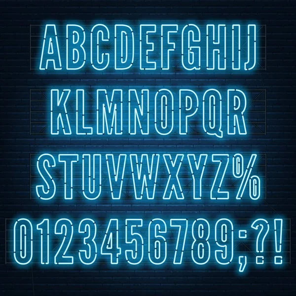 Retro blue neon alphabet with numbers on dark background. — Stock Vector