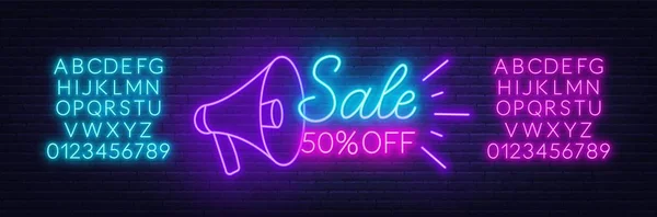 Sale neon sign with megaphone. Offer a discount. Template with fonts. — Stock Vector
