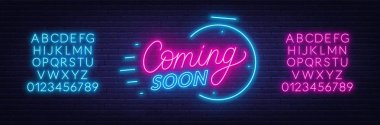 Yakında tuğla duvar arka plan üzerinde neon işareti. Tasarım şablonu. Neon alfabesi .