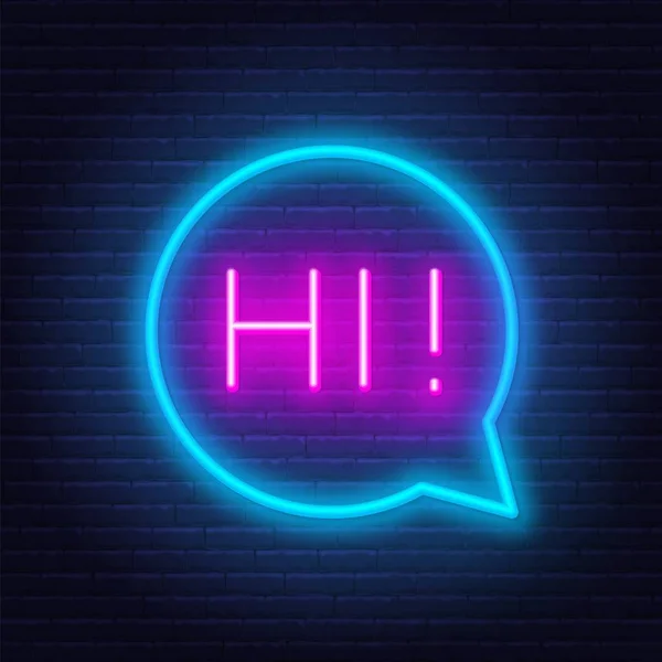 Neon znak słowa Hi w ramce bańki mowy na ciemnym tle. — Wektor stockowy