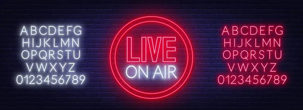 Live on Air Neon świecący znak na tle muru ceglanego. Szablon do projektowania. Alfabet Neon . — Wektor stockowy